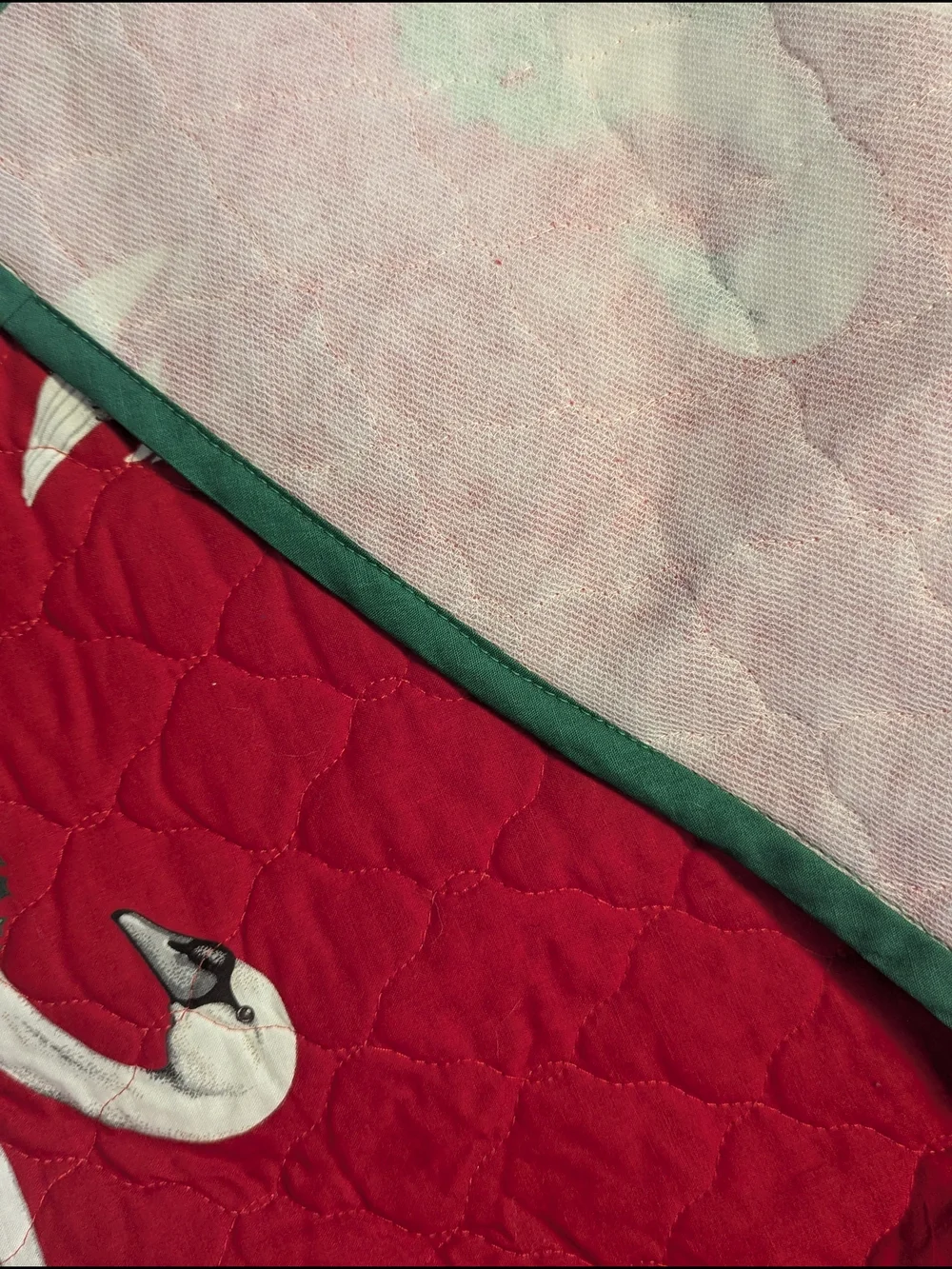 Festive Swan Quilted Tree Skirt - Red and Green​ Quilted Christmas Swans